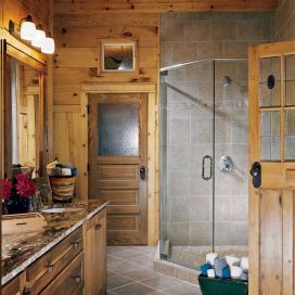 Sprchový kout v dřevěné koupelně