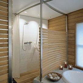 Sprchový kout s dřevěným obkladem
