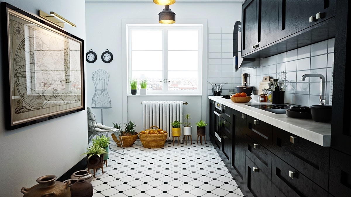 Skandinávská kuchyně s mozaikovou podlahou - 