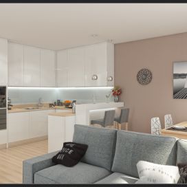 Moderní obývací pokoj s kuchyní v bílem