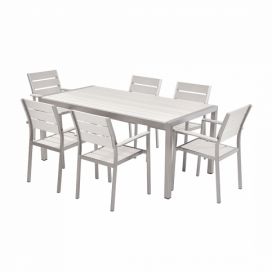 Bílá hliníková zahradní jídelní souprava stolu a židlí VERNIO
