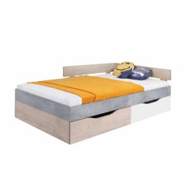 Studentská postel Omega 120x200cm s úložným prostorem - bílá/dub/beton