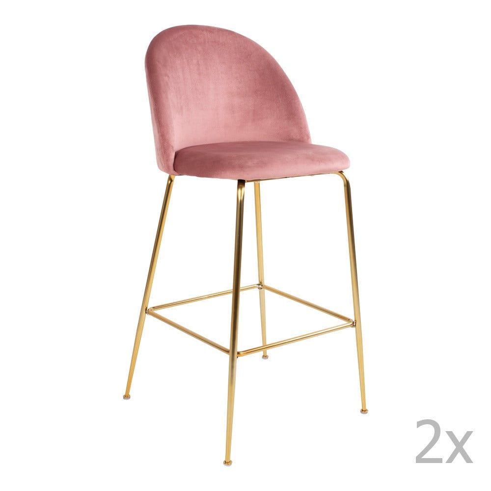 Sada 2 růžových barových židlí se sametovým potahem s nohami mosazové barvy House Nordic Lausanne - Designovynabytek.cz