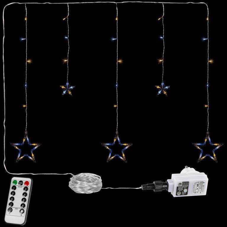 VOLTRONIC® Vánoční závěs - 5 hvězd, 61 LED, teple/studeně bílý +ovladač - Kokiskashop.cz