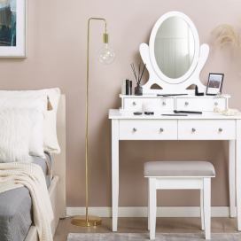 Toaletní stolek, 4 zásuvky, oválné zrcadlo a bílá stolička LUNE