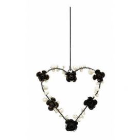 Závěsné černé kovové srdce s perličkami a růžemi - 13*2*13cm Exner