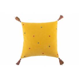 Žlutý polštář s puntíky a střapci - 45*45 cm J-Line by Jolipa LaHome - vintage dekorace