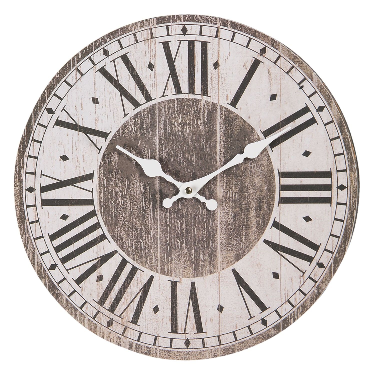 Dřevěné hodiny s římskými číslicemi a patinou – Ø 34*4 cm / 1*AA Clayre & Eef - LaHome - vintage dekorace