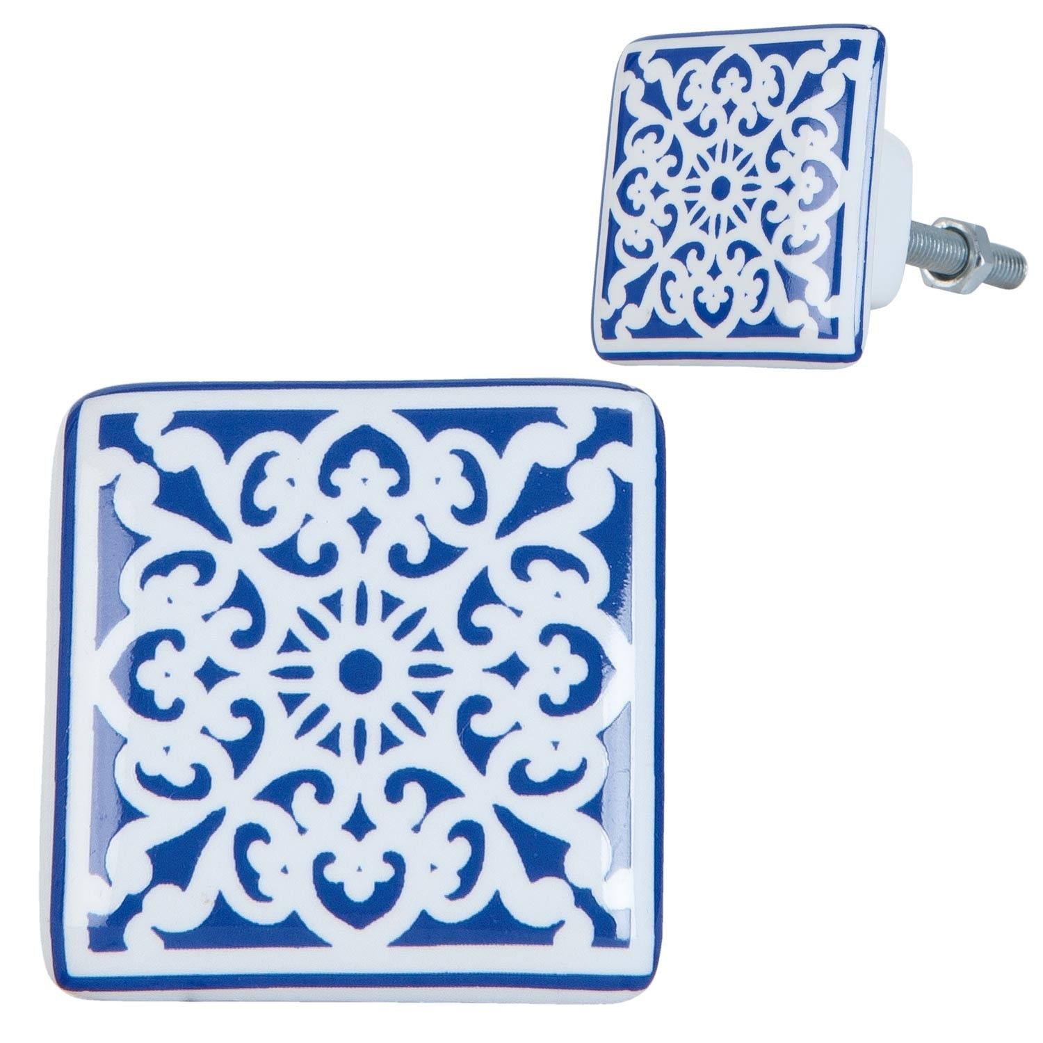 Keramická úchytka s modro-bílými ornamenty - 3*2*3 cm Clayre & Eef - LaHome - vintage dekorace