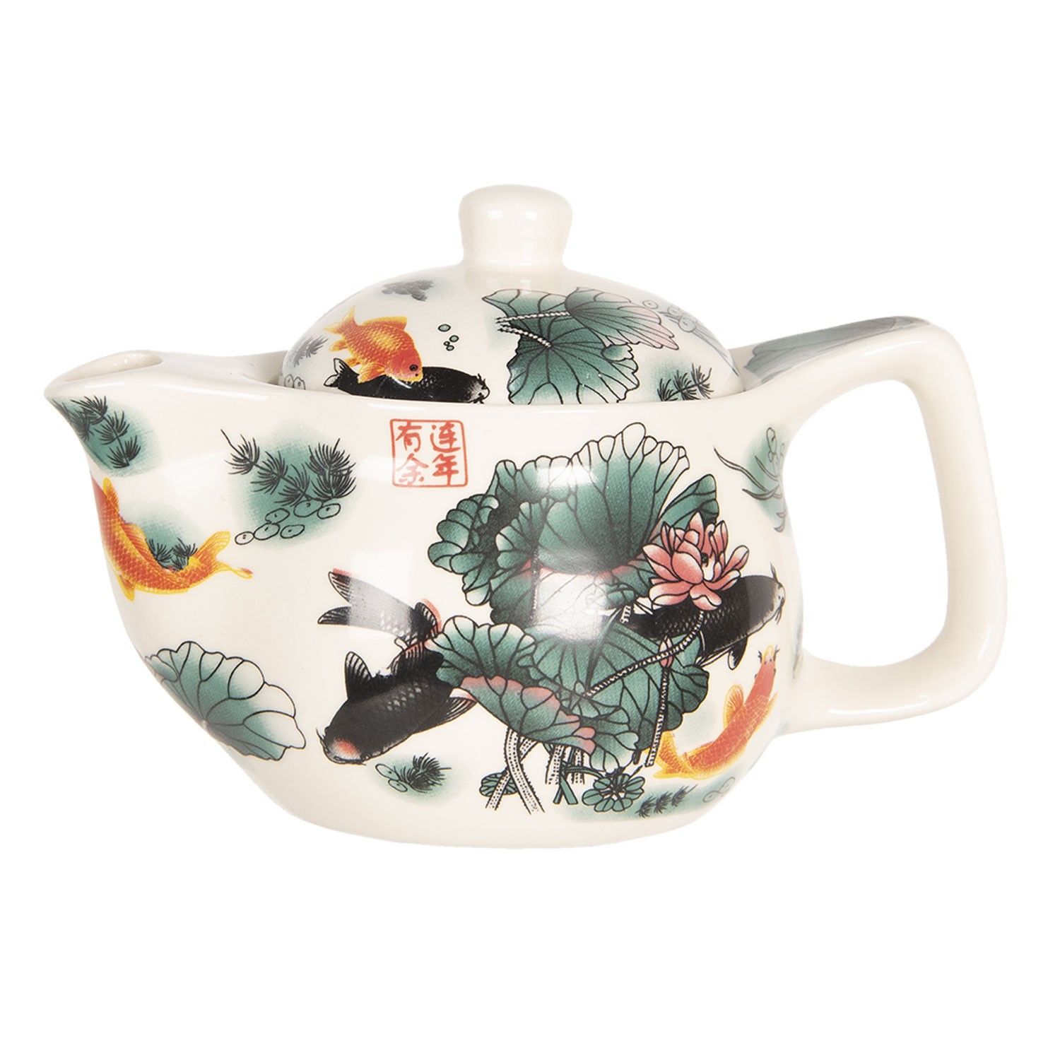Konvička na čaj s lotosy a rybami - Ø 16*11 cm / 0,4L Clayre & Eef - LaHome - vintage dekorace