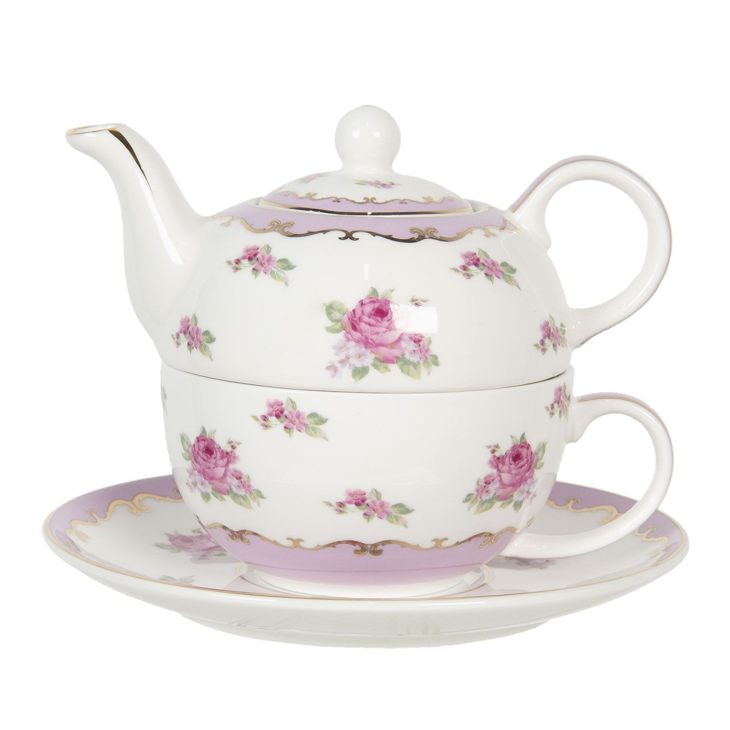Porcelánová čajová konvička s šálkem a podšálkem Des Roses – 0,4 l Clayre & Eef - LaHome - vintage dekorace