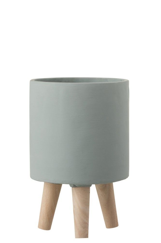 Šedý cementový květináč na dřevěných nožkách - Ø16*24,5 cm J-Line by Jolipa - LaHome - vintage dekorace
