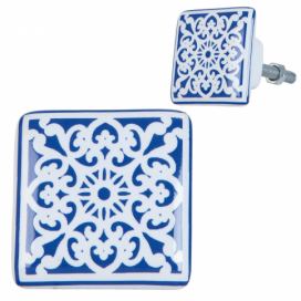 LaHome - vintage dekorace: Keramická úchytka s modro-bílými ornamenty - 3*2*3 cm Clayre & Eef