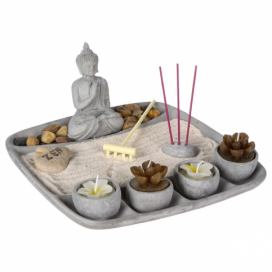 Atmosphera Sada svíček a vonných tyčinek s postavou buddhy, 24 x 23 cm, šedá.