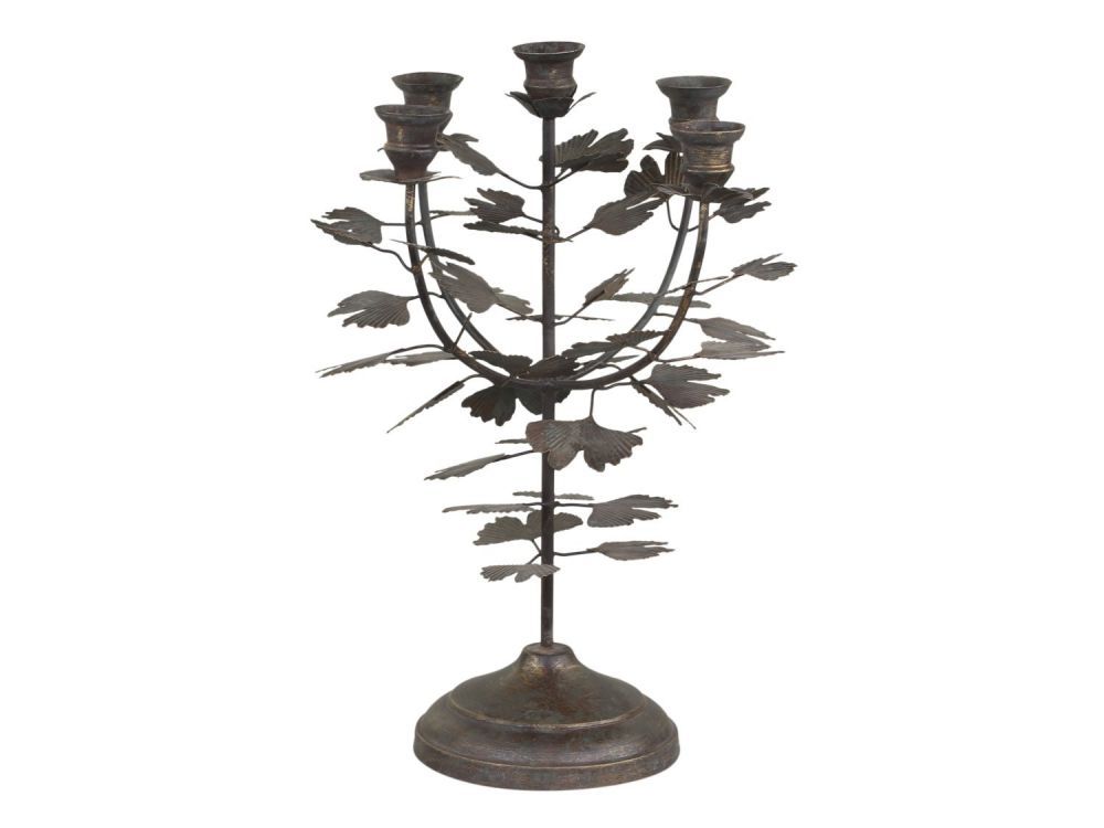 Kovový  vintage svícen s listy Leaves na 5 úzkých svíček - 28*35 cm Chic Antique - LaHome - vintage dekorace