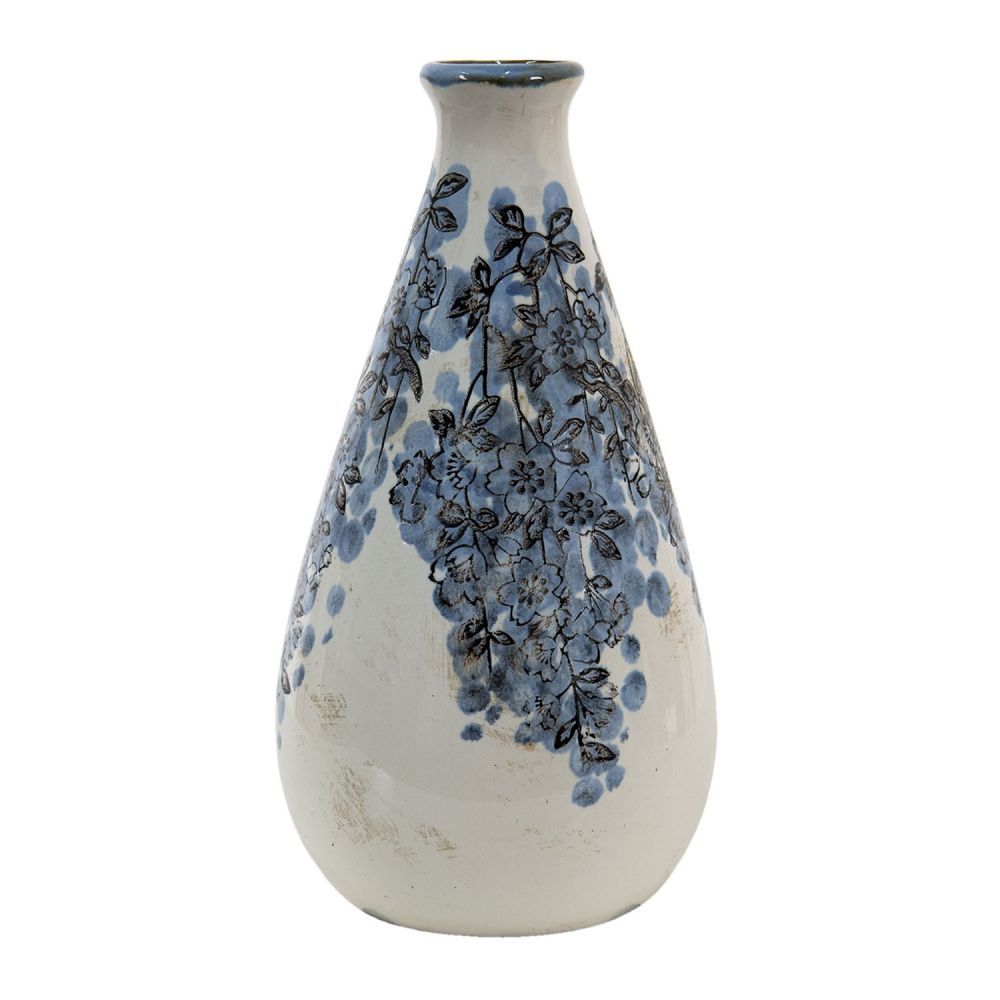 Béžová keramická váza s modrými květy Maun - Ø 11*21 cm Clayre & Eef - LaHome - vintage dekorace