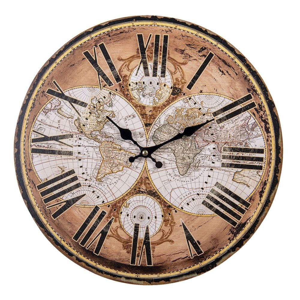 Nástěnné hodiny s obrázky map polokoulí - Ø 34*1 cm / 1*AA Clayre & Eef - LaHome - vintage dekorace