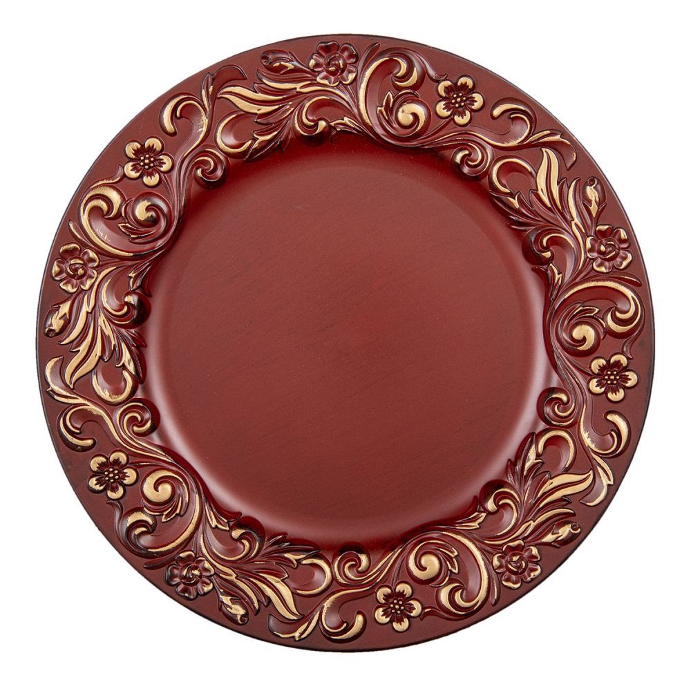 Červeno zlatý plastový dekorativní talíř s ornamenty - Ø 33*2 cm Clayre & Eef - LaHome - vintage dekorace