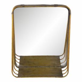 Zlaté čtvercové zrcadlo v kovovém rámu s dřevěnou poličkou Gold - 26*11*32 cm Clayre & Eef LaHome - vintage dekorace