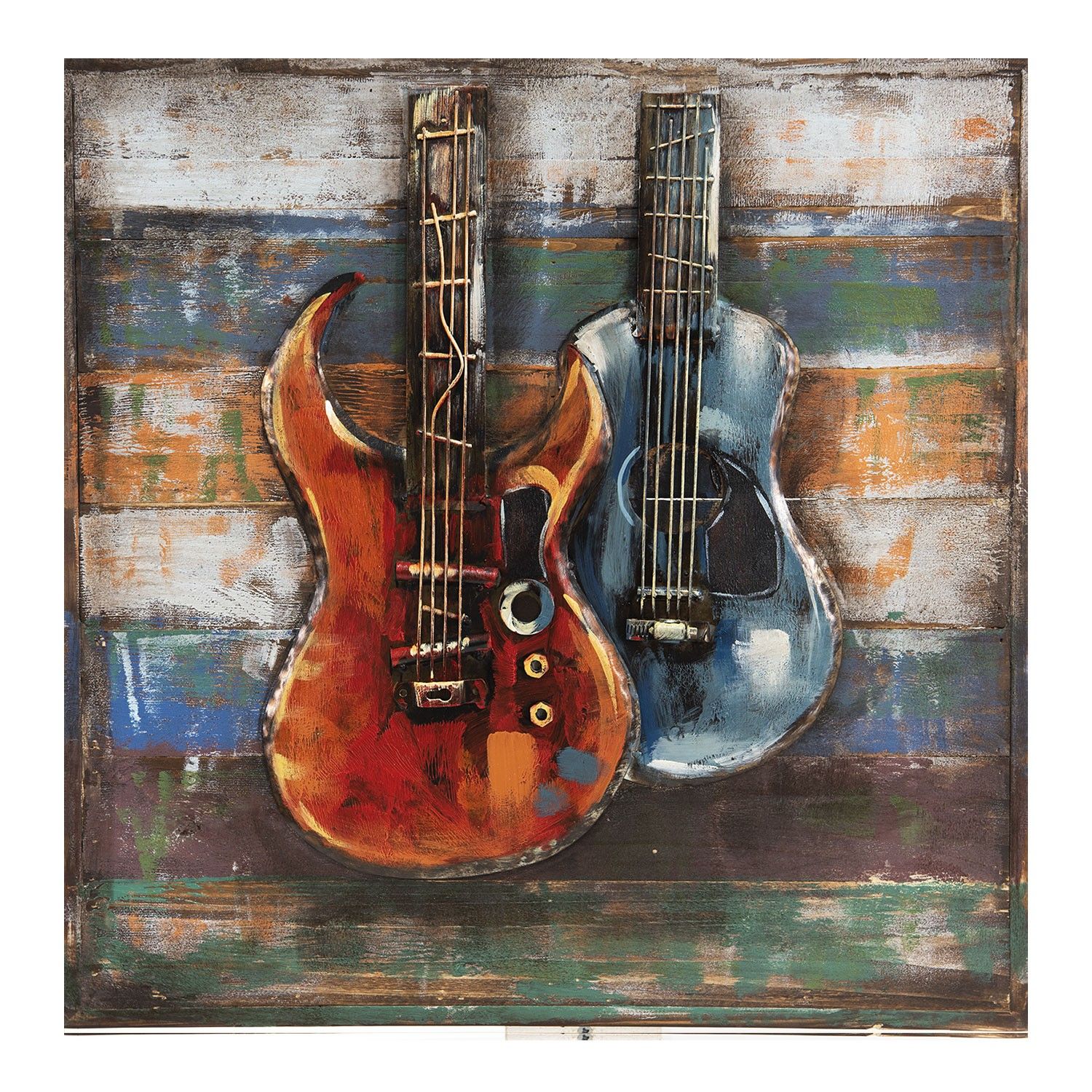 Nástěnný dřevěný obraz s kovovou 3D dekorací Kytary - 60*5*60 cm Clayre & Eef - LaHome - vintage dekorace