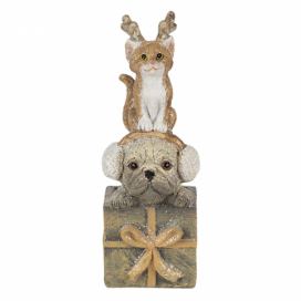 Vánoční dekorativní soška pejska a kočičky s dárkem - 5*5*13 cm Clayre & Eef