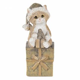 Vánoční dekorativní soška kočky s čepicí na dárku - 5*4*10 cm Clayre & Eef LaHome - vintage dekorace
