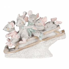 Vánoční dekorativní soška myšek na saních - 15*5*11 cm Clayre & Eef
