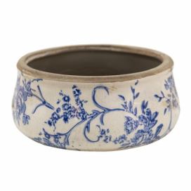 Nízký keramický obal na květináč s modrými květy Saten - Ø 21*8 cm Clayre & Eef