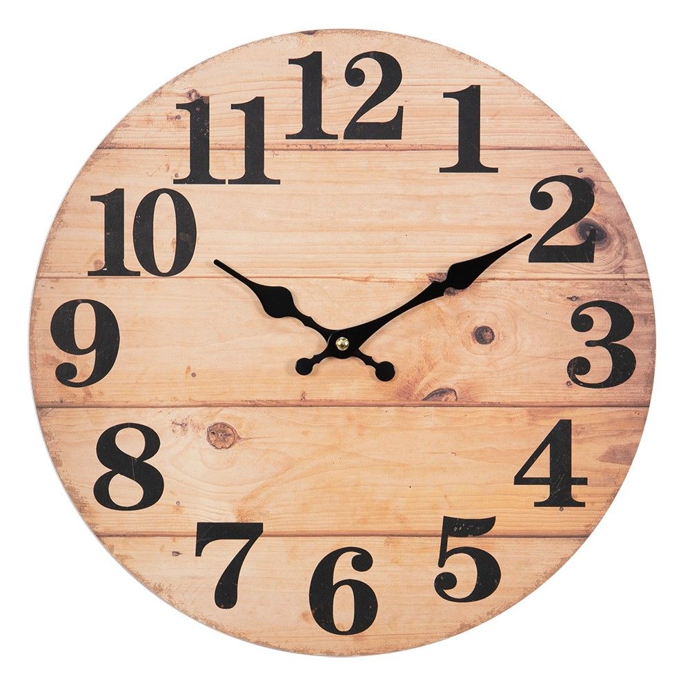 Hnědé nástěnné hodiny s motivem dřevěných prken – Ø 34*4 cm / 1*AA Clayre & Eef - LaHome - vintage dekorace