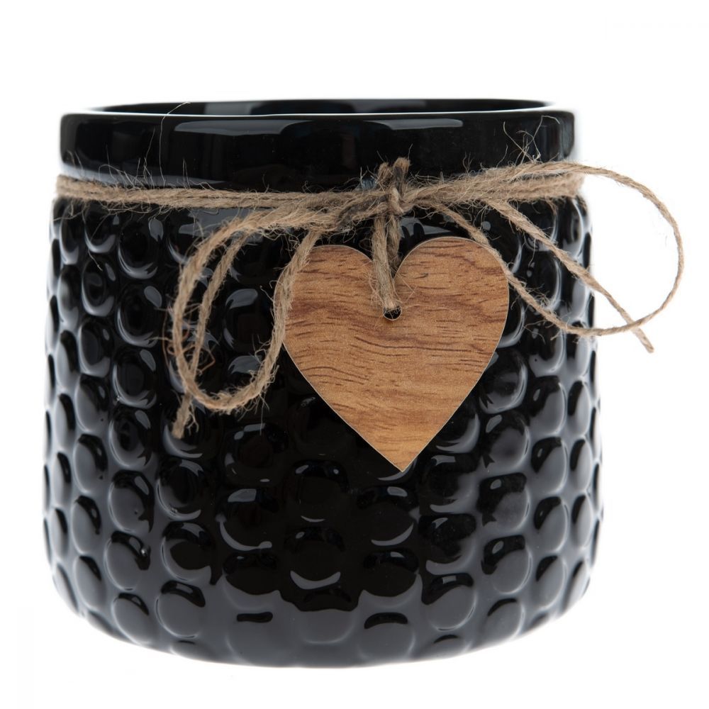 Keramický obal na květináč Wood heart černá, 12,5 x 14 cm - 4home.cz