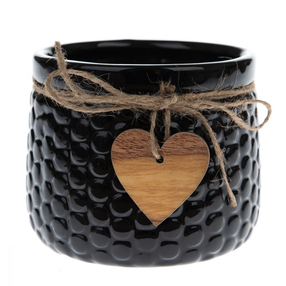 Keramický obal na květináč Wood heart černá, 9 x 12,5 cm - 4home.cz