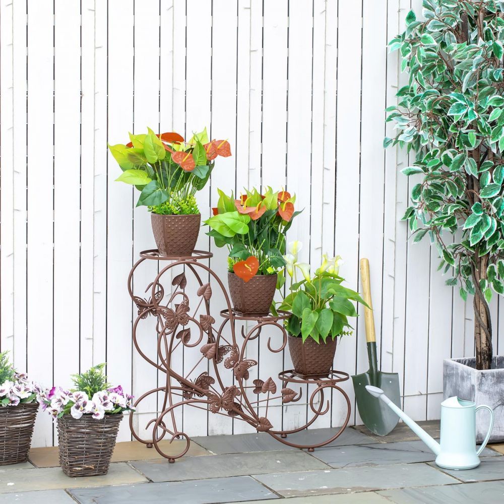 Outsunny Kovový třípatrový stojan na květiny, bronzově hnědý - Velký Košík