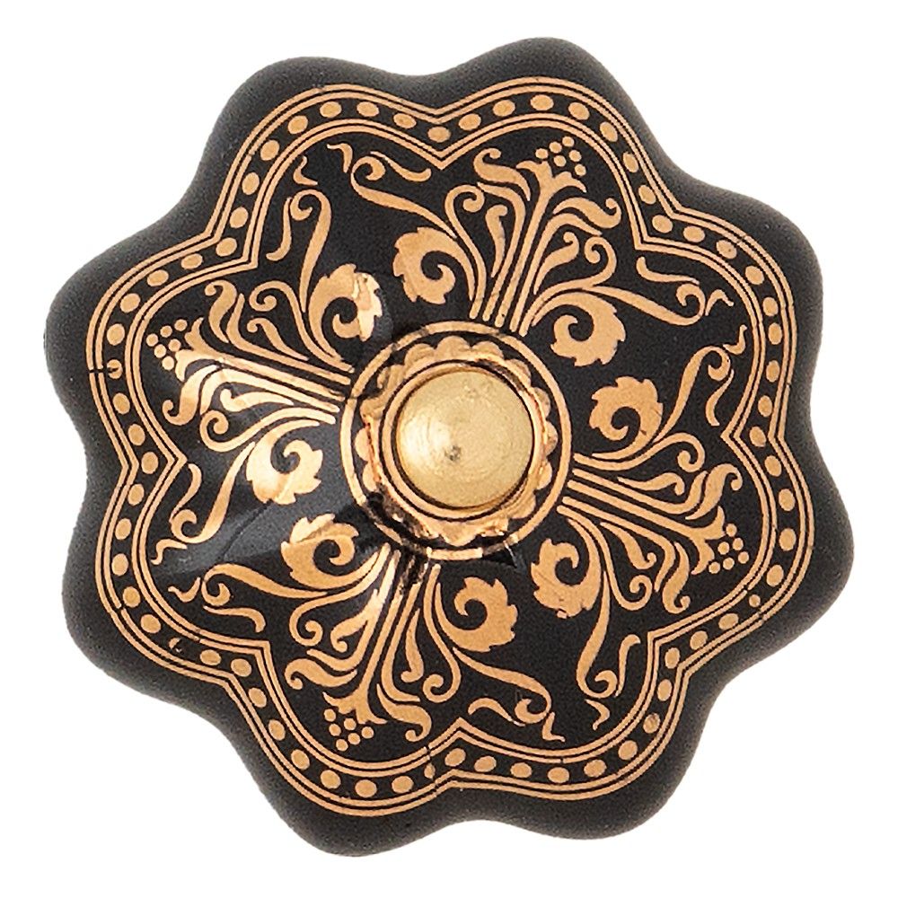 Černá keramická úchytka se zlatým zdobením Cipy - Ø  4*2 cm Clayre & Eef - LaHome - vintage dekorace