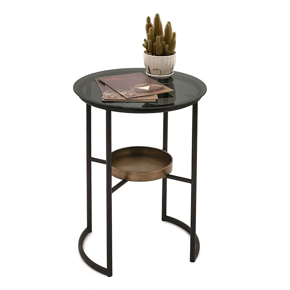 Černý kovový odkládací stolek se skleněnou deskou Dion- Ø 43*55 cm Clayre & Eef - LaHome - vintage dekorace
