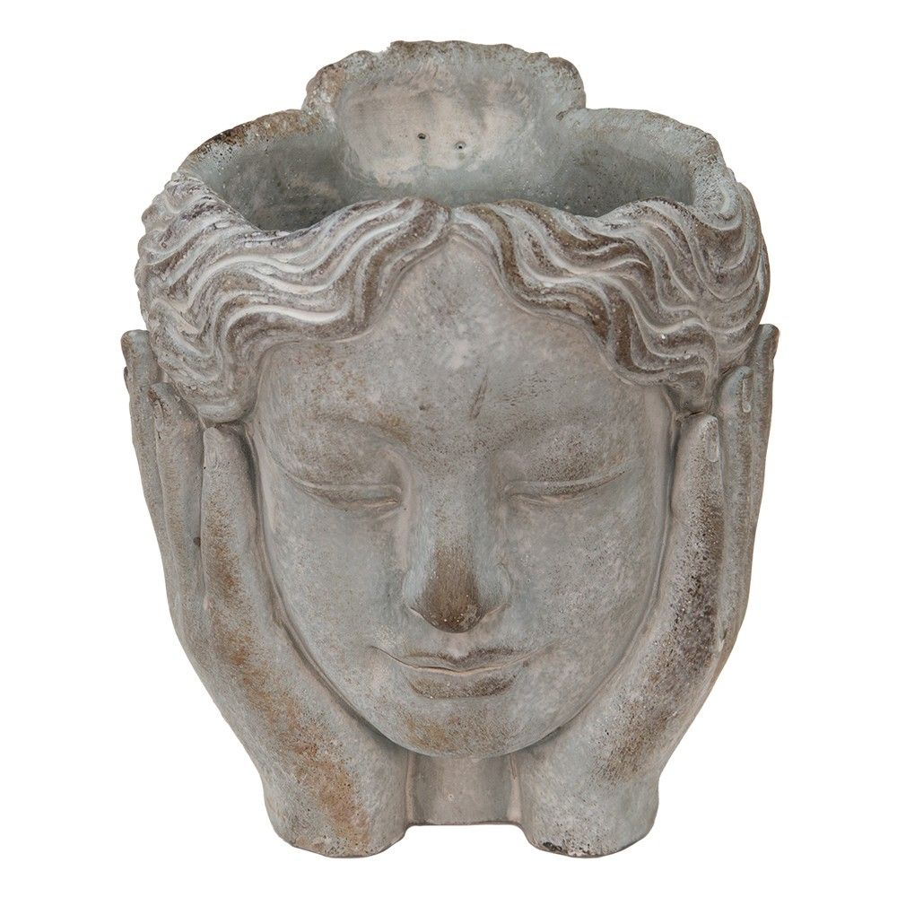 Šedý cementový květináč hlava dívky v dlaních S - 14*16*17 cm Clayre & Eef - LaHome - vintage dekorace