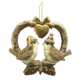 Zlatá antik závěsná dekorace ptáčci v srdci - 8*2*8 cm Clayre & Eef LaHome - vintage dekorace