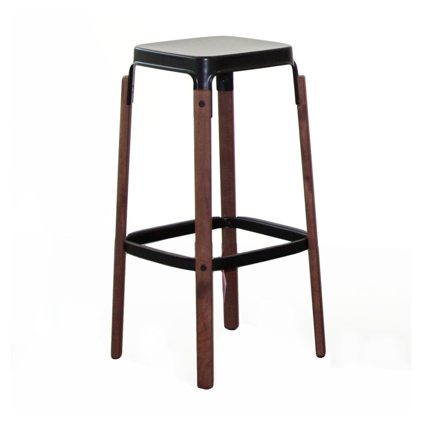 MAGIS - Barová židle STEELWOOD STOOL vysoká - černá s tmavými bukovými nohami - 