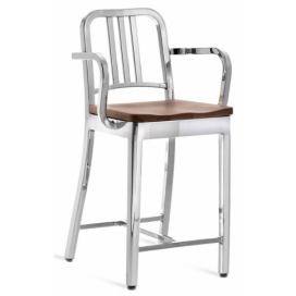 EMECO - Barová židle s područkami a dřevěným sedákem NAVY - nízká
