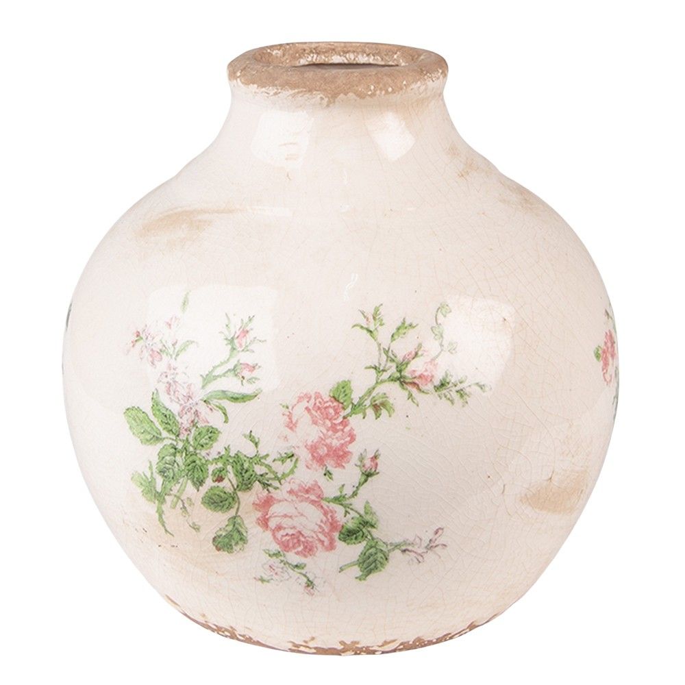 Béžová keramická dekorační váza s růžemi Rossia - Ø 16*17 cm Clayre & Eef - LaHome - vintage dekorace