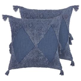 Sada 2 tkaných bavlněných polštářů s geometrickým vzorem a střapci 45 x 45 cm modré AVIUM