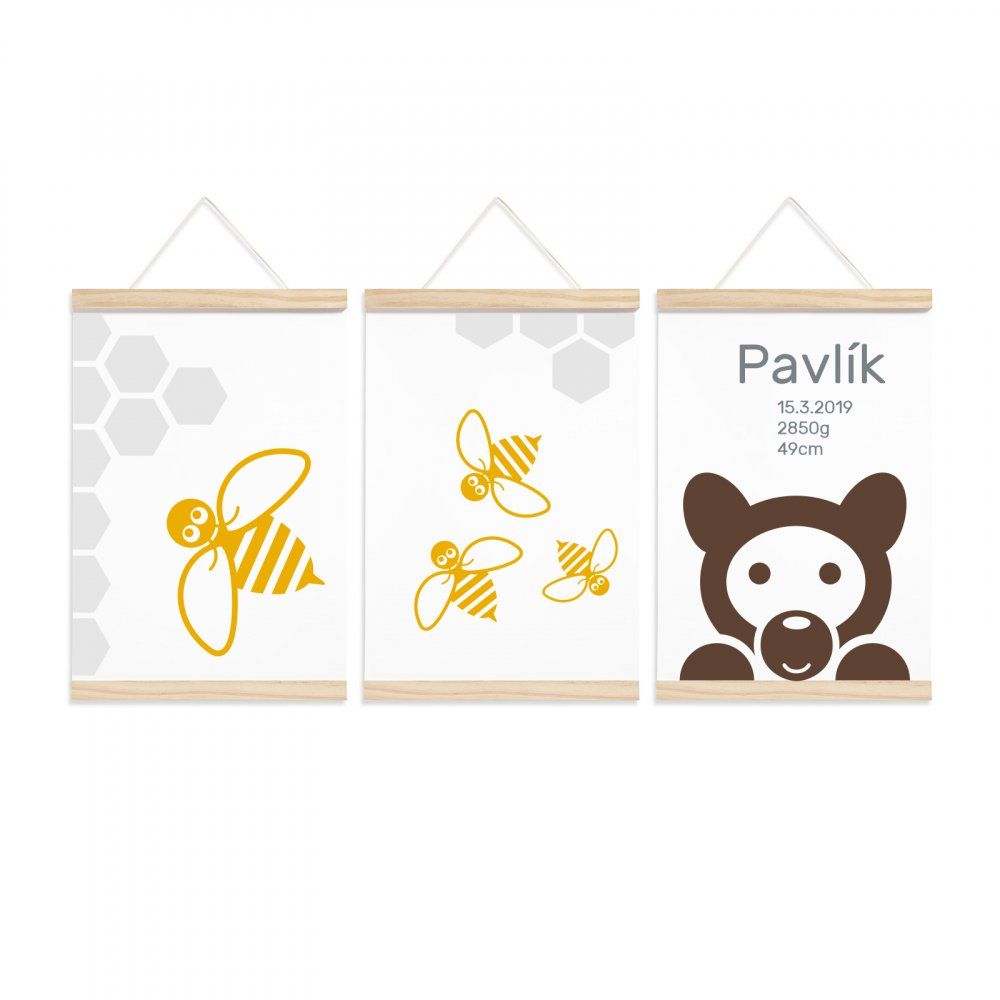 Pieris design Plakáty k narození miminka - Medvídek a včelky - Pieris design