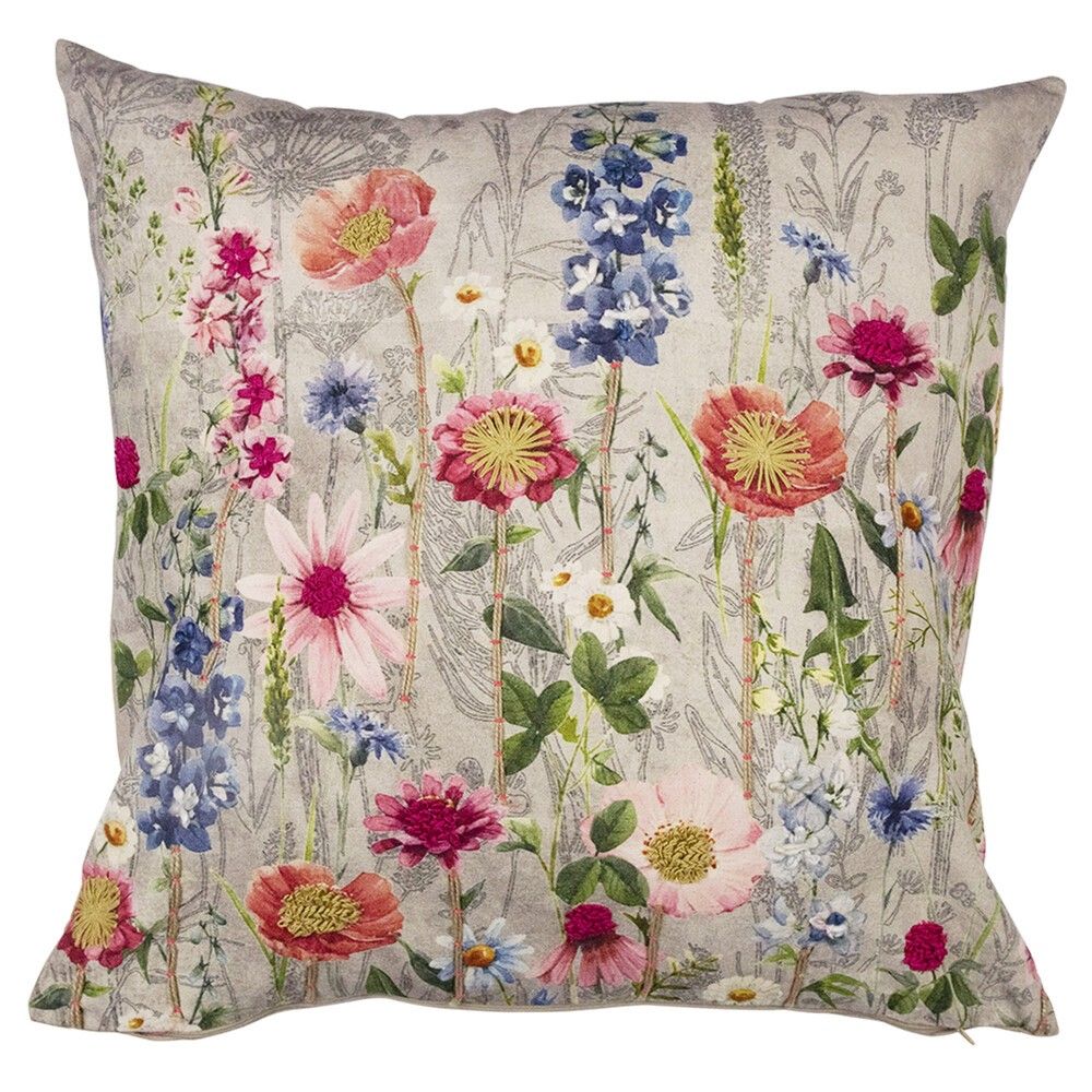 Béžový polštář rozkvetlá louka Flowers Poppy s výšivkou - 60*60*15cm Mars & More - LaHome - vintage dekorace