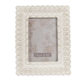 Bílý antik fotorámeček s romantickými květy - 16*2*21 cm / 10*15 cm Clayre & Eef