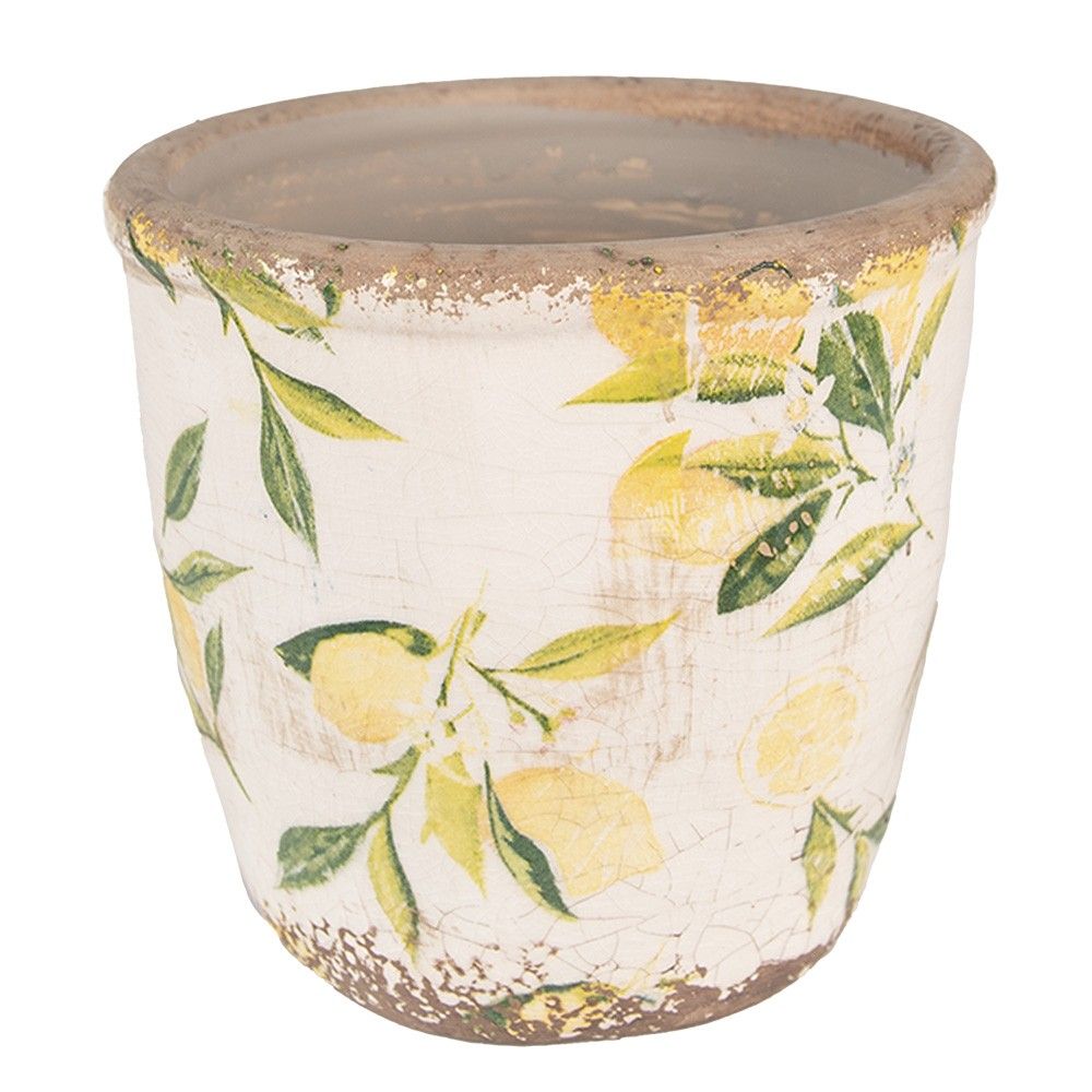 Béžový keramický obal na květináč s citróny Lemonio XS - Ø 11*10 cm Clayre & Eef - LaHome - vintage dekorace