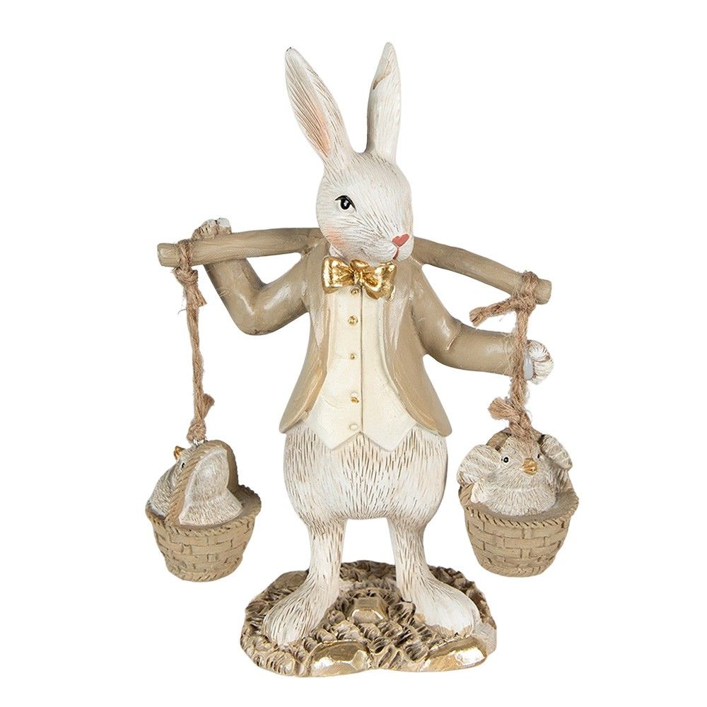 Béžová dekorace socha králík s kuřátky ve kbelíku  - 12*6*17 cm Clayre & Eef - LaHome - vintage dekorace