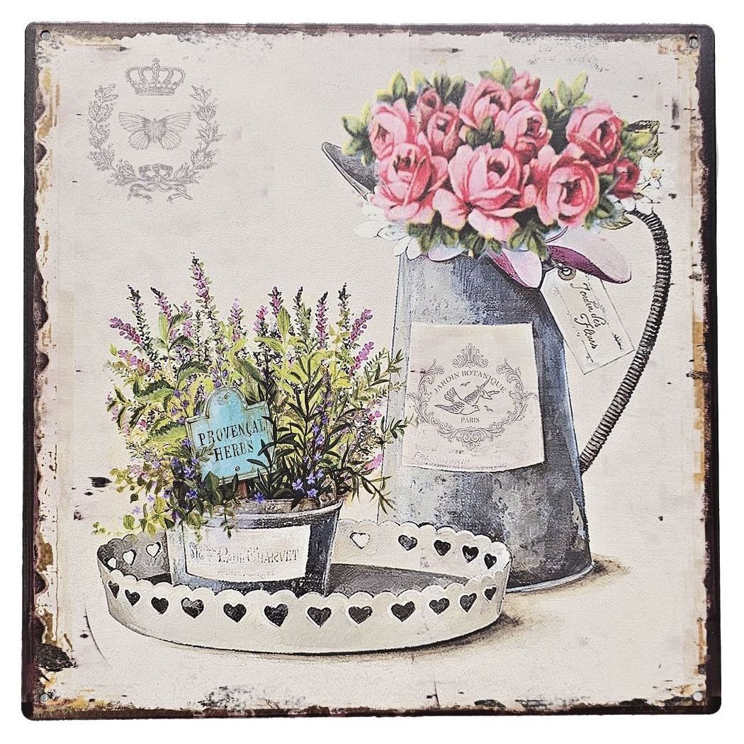 Nástěnná béžová kovová cedule s kyticemi Provensal Herbs - 30*30 cm Ostatní - LaHome - vintage dekorace