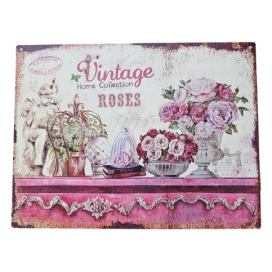Růžová nástěnná kovová cedule s růžemi Vintage Roses - 33*25 cm Ostatní