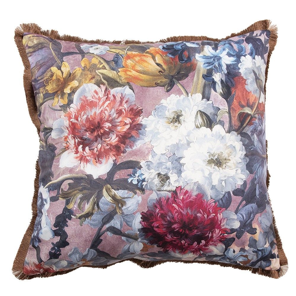 Dekorativní květovaný polštář s výplní a třásněmi - 45*45*4 cm Clayre & Eef - LaHome - vintage dekorace
