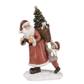 Červená vánoční dekorace socha Santa se stromkem a chlapcem - 12*9*19 cm Clayre & Eef LaHome - vintage dekorace