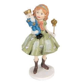 Dekorace socha děvčátko v zelených šatech držící Louskáčka - 7*6*12 cm Clayre & Eef LaHome - vintage dekorace